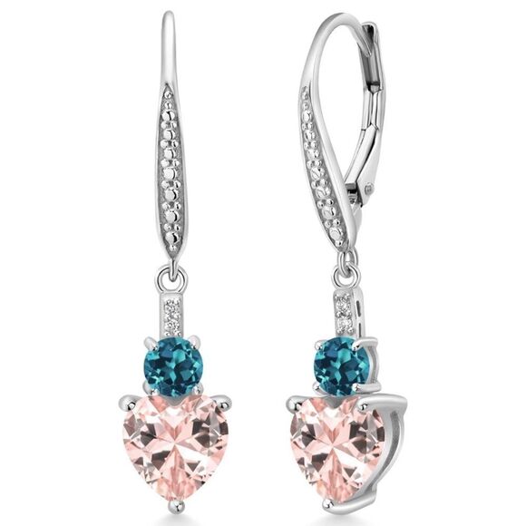 925 Sterling Silver with 3.19Cttw Peach Morganite and Blue Topaz Heart Earrings